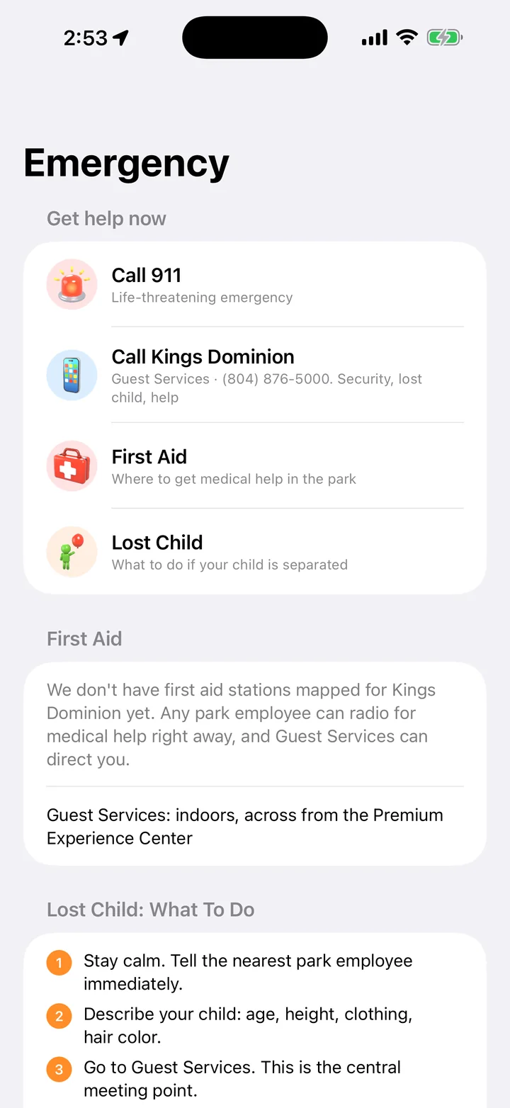 Emergency screen with Call 911, Call Kings Dominion, First Aid and Lost Child