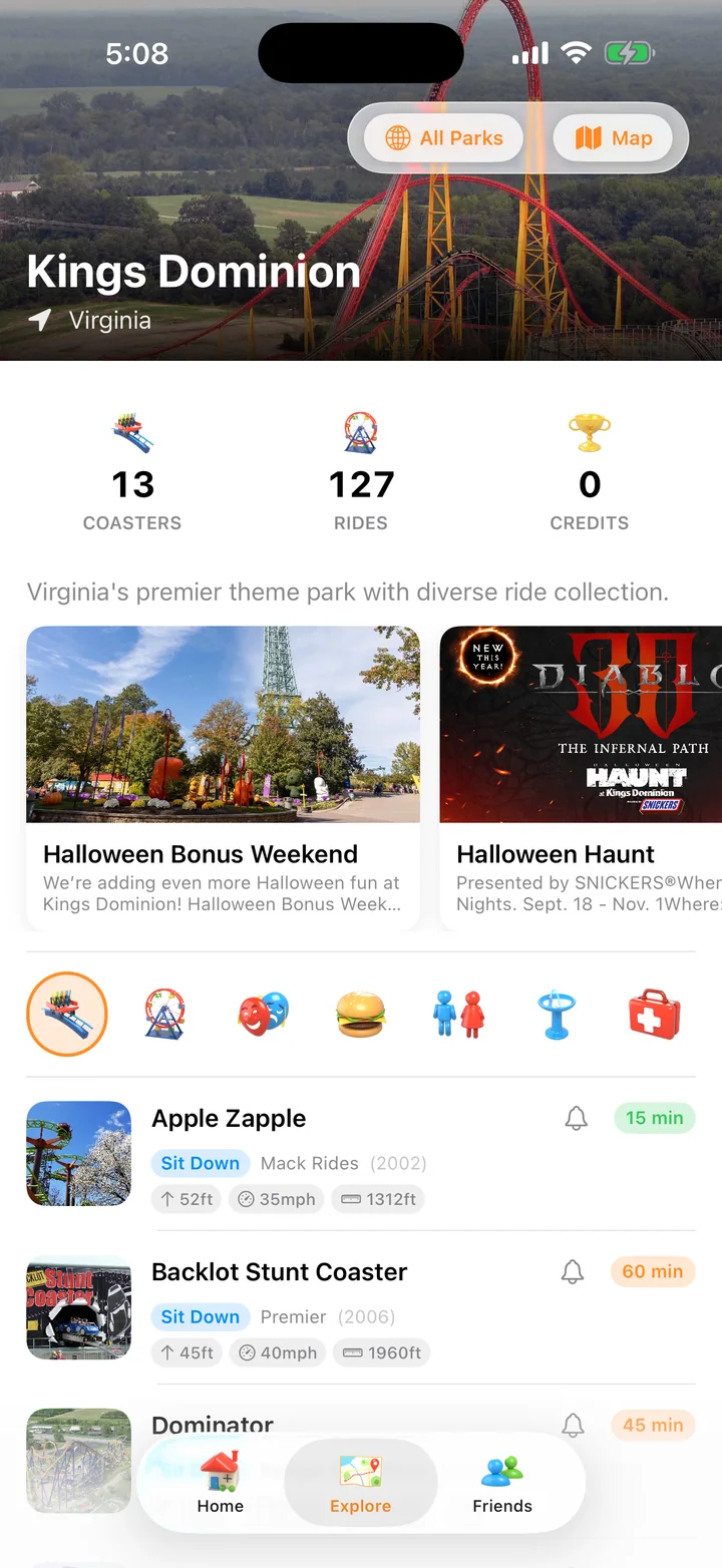 Explore at Kings Dominion: the park's coasters with photos and live waits, Apple Zapple 15 min, Backlot Stunt Coaster 60 min, Dominator 45 min