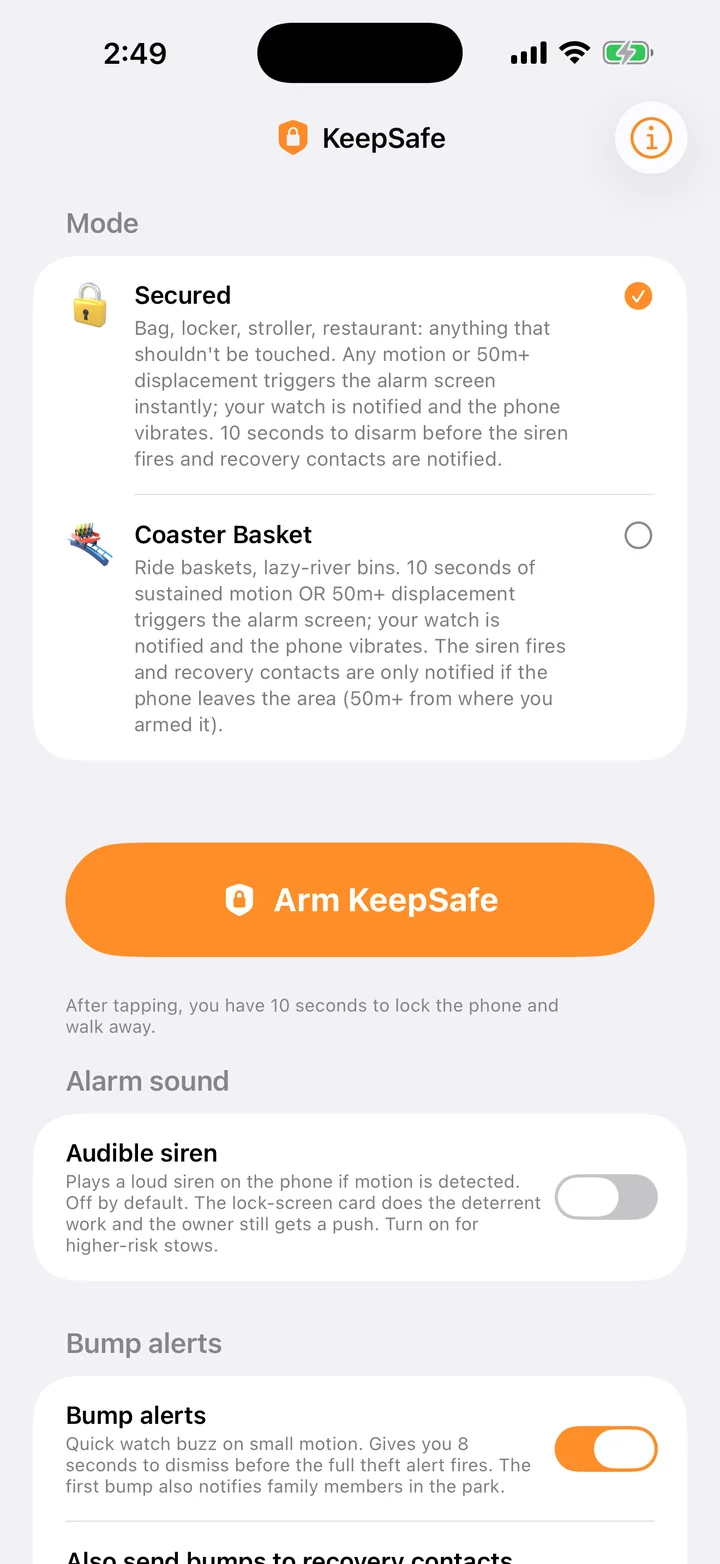KeepSafe modes and alert settings