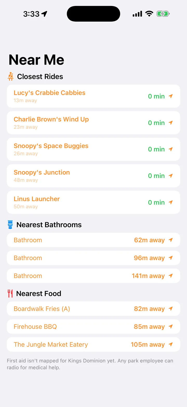 Near Me with closest rides, bathrooms and food