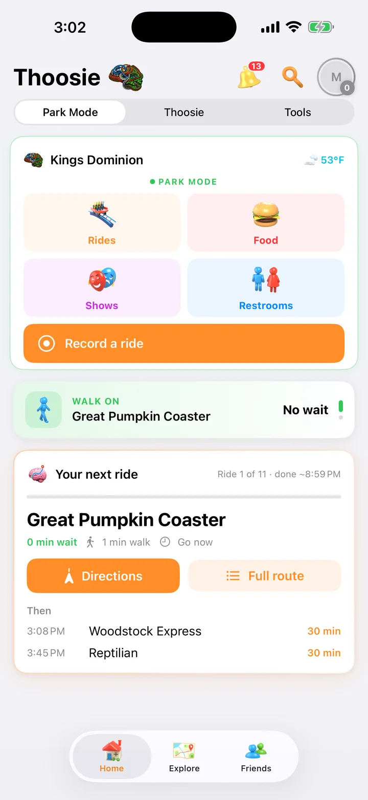 Home screen showing the next ride on the route