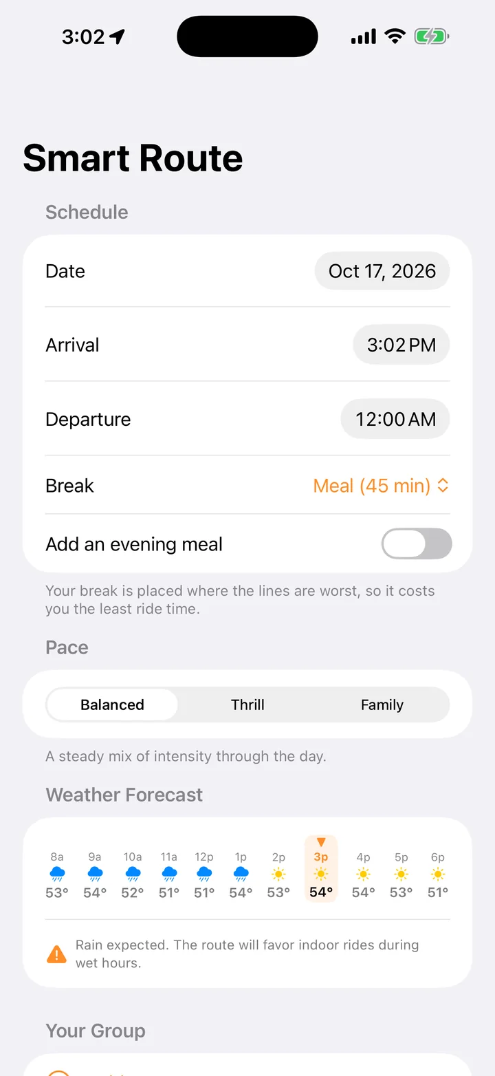 Smart Route setup with schedule, meal break, pace and hourly weather